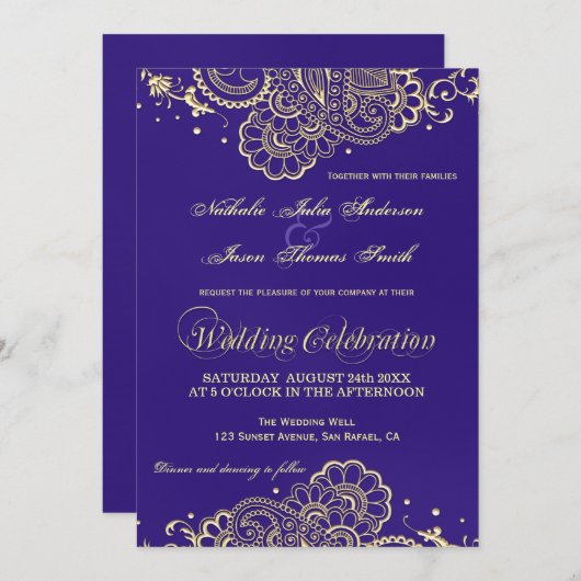 Gouden en paarse Henna Kant Trouwkaart Kaart (Voorkant / Achterkant)