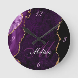 gouden en paarse monogram trendy ronde klok