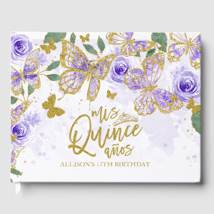 Gouden En Paarse Vlinder Bloemige Quinceanera Gastenboek