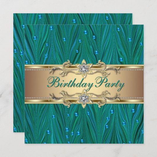 Gouden en Pauw Groenblauwe Verjaardagsfeestje Kaart (Voorkant / Achterkant)