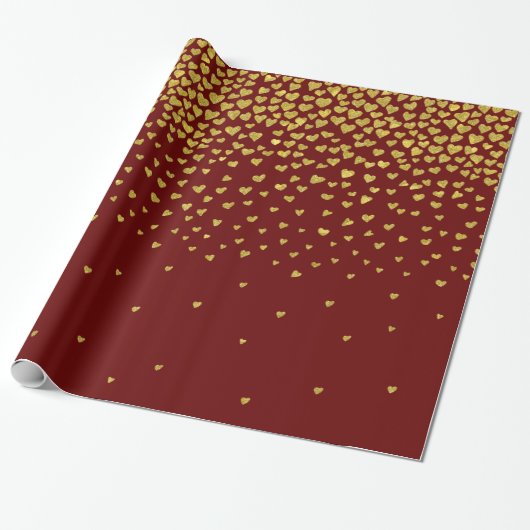 Gouden en Rode Confetti Harten Cadeaupapier (Uitgerold)