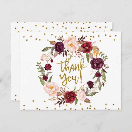 Gouden en Rode Marsala Bloemige Bedankkaart Kaart