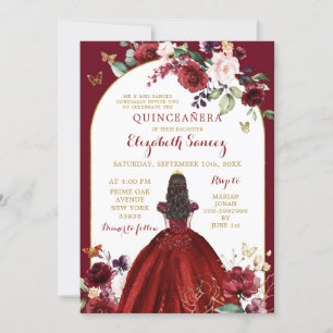 Gouden en rode rozen Bloemen Quinceañera Kaart