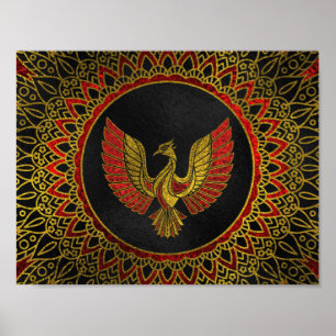 Gouden en rood Verfraaid de vogelsymbool van Poster