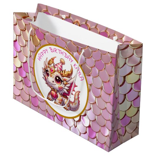 Gouden en roze drakenmeisje verjaardag groot cadeauzakje (Voorkant Gekanteld)