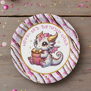 Gouden en roze drakenmeisje verjaardag papieren bordje