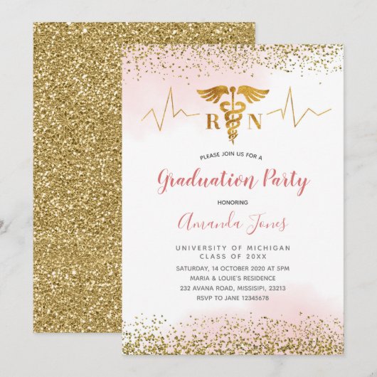 Gouden en roze RN Nurse Graduation Party Kaart (Voorkant / Achterkant)
