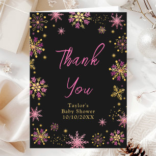 Gouden en Roze Sneeuwvlokken Baby Shower Bedankkaart