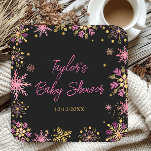 Gouden en Roze Sneeuwvlokken Baby Shower Vierkante Kartonnen Onderzetter