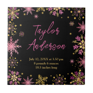 Gouden en Roze Sneeuwvlokken Geboorte Stats Tegeltje