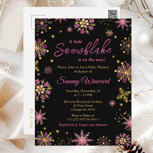 Gouden en Roze Sneeuwvlokken Winter Baby Shower Briefkaart