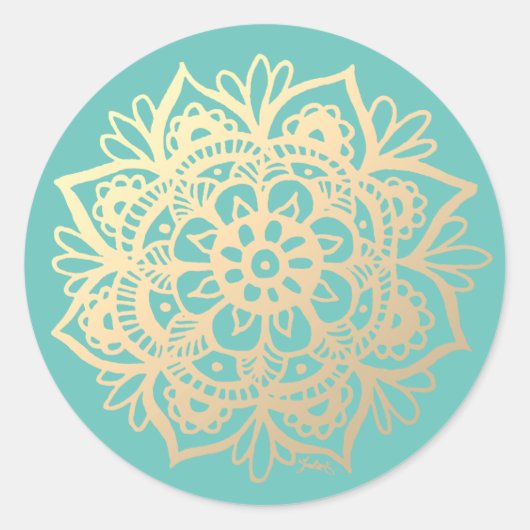Gouden en Teal Mandala Bloem Ronde Sticker (Voorkant)