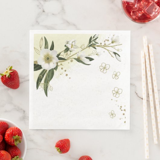 gouden en witte bloemen groene bladeren bruiloft servet (Insitu)