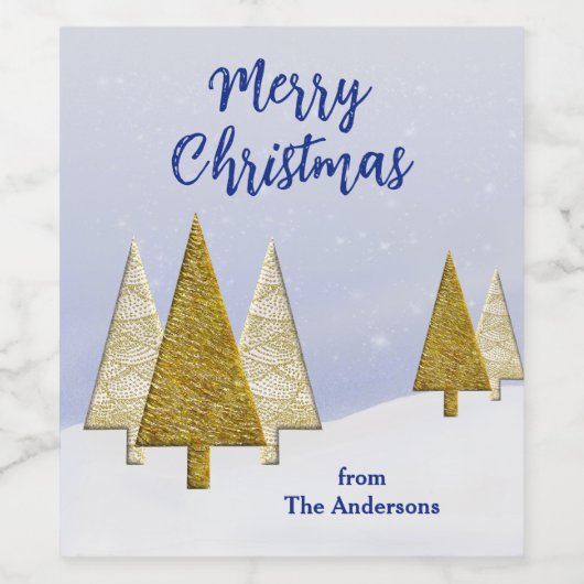 Gouden en witte kerstbomen wijn etiket (Enkel label)