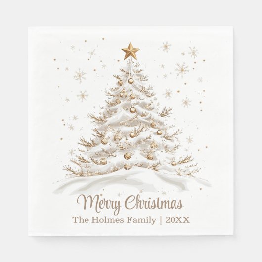 Gouden en witte kerstboom met familienaam servet (Voorkant)