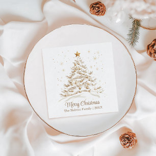 Gouden en witte kerstboom met familienaam servet