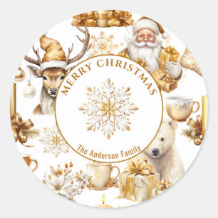 Gouden en witte kerstsymbolen ronde sticker