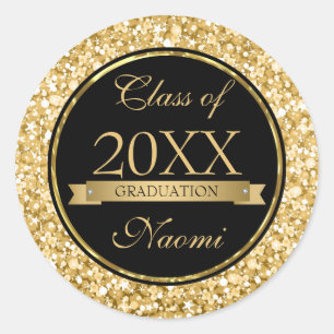 Gouden en witte sprankelende glitter zwarte cirkel ronde sticker