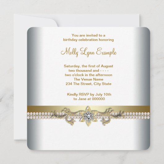  gouden en witte verjaardagsfeest kaart (Achterkant)