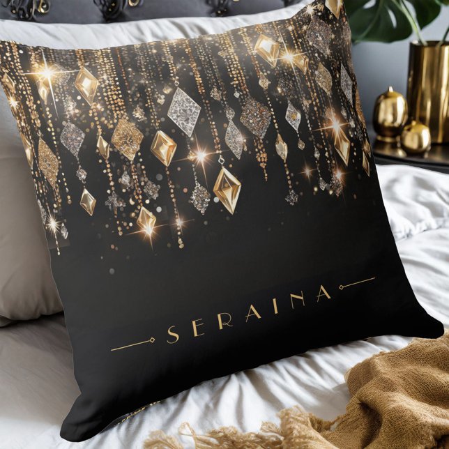 Gouden en Zilveren Boho Pareltjes op Zwart ID1035 Kussen (Creator heeft geüpload)