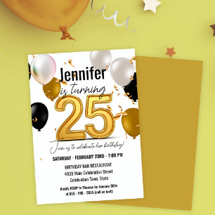 Gouden en zwarte ballonnen en Confetti 25ste verja Kaart