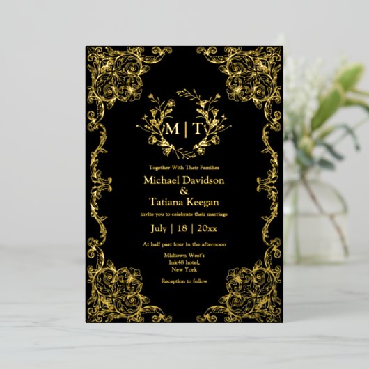 Gouden en zwarte botanische monogram bloemenbruilo folie uitnodiging (Staand Voorkant)