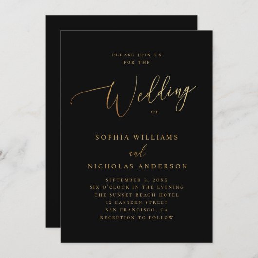 Gouden en zwarte bruiloft | Elegant klassiek scrip Kaart (Voorkant / Achterkant)