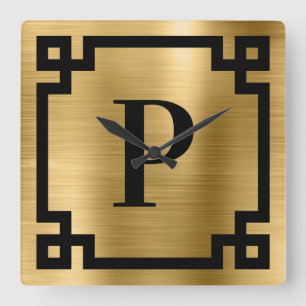 Gouden en zwarte Griekse sleutelrand monogram Vierkante Klok