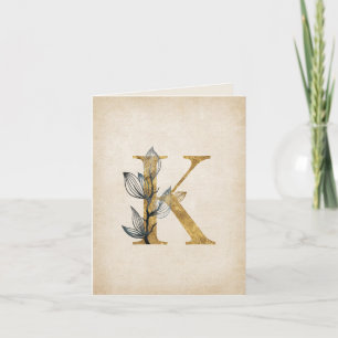 Gouden en Zwarte K Monogram Met Bladeren Notitiekaartje