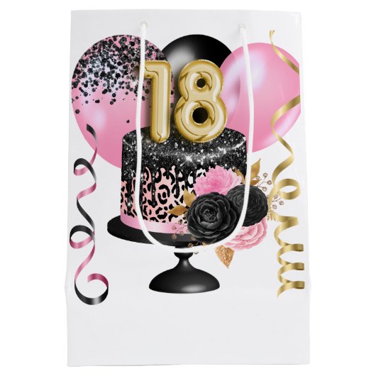 Gouden en Zwarte Taart 18e Verjaardag Naam Medium Cadeauzakje (Achterkant)