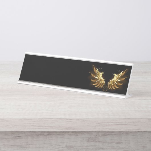 Gouden engelenvleugels op een zwarte achtergrond bureau naambordje (Voorkant)