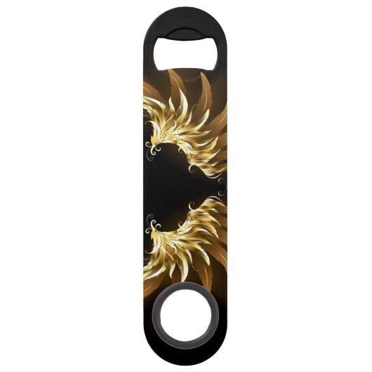 Gouden engelenvleugels op een zwarte achtergrond speed flessenopener (Voorkant)