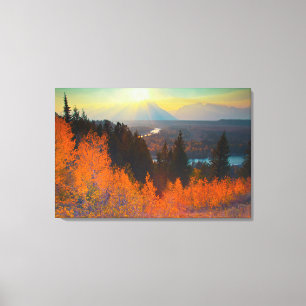 Gouden Espen boven Snake River bij zonsondergang Canvas Afdruk