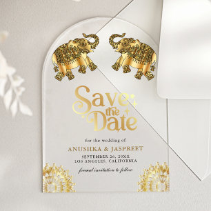 Gouden Etnische Olifanten Indiase Trouwkaart Save Acryl Uitnodigingen