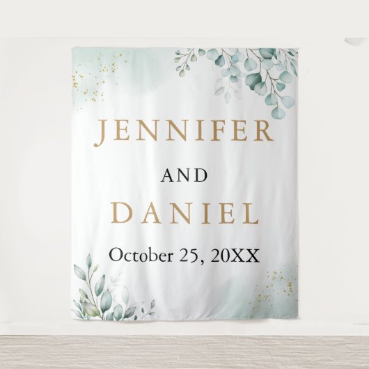 Gouden Eucalyptus Greenery Trouwcabine Achtergrond Wandkleed (Voorkant)