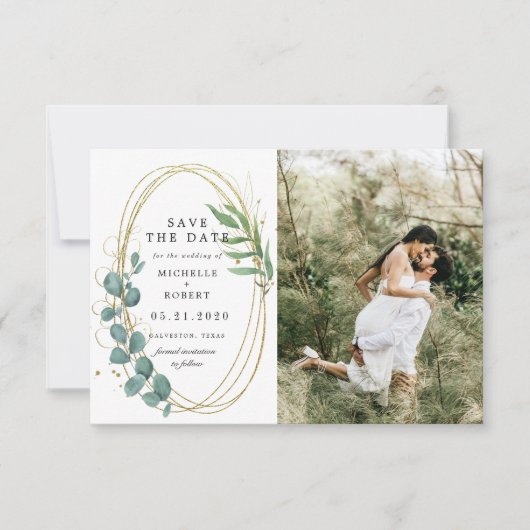 gouden eucalyptus groen twee Foto Save The Date Kaart (Voorkant)