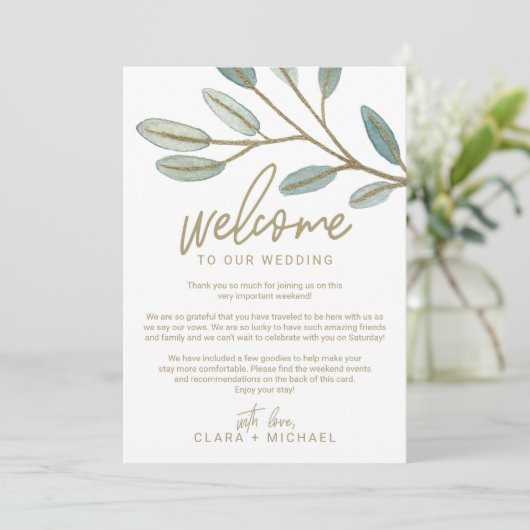 Gouden Eucalyptus Huwelijks Verwelkomingsbrief & R Programma (Staand voorkant)