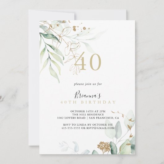 Gouden Eucalyptus Kalligrafie 40e Verjaardagsfeest Kaart (Voorkant)