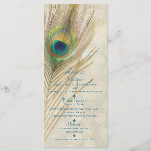 Gouden Exotische Peacock Feather Glam Party Menu (Voorkant)
