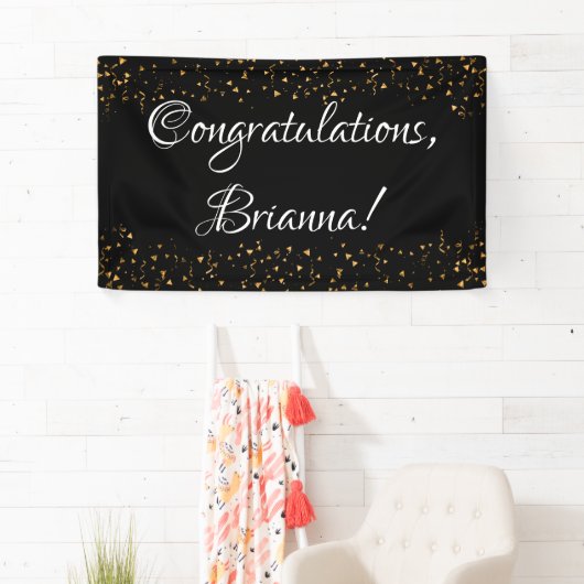 Gouden Faux Confetti op zwart Gefeliciteerd Spandoek (Insitu)