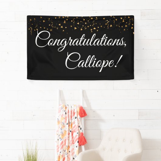 Gouden Faux Confetti Wit op Zwart Gefeliciteerd Spandoek (Insitu)