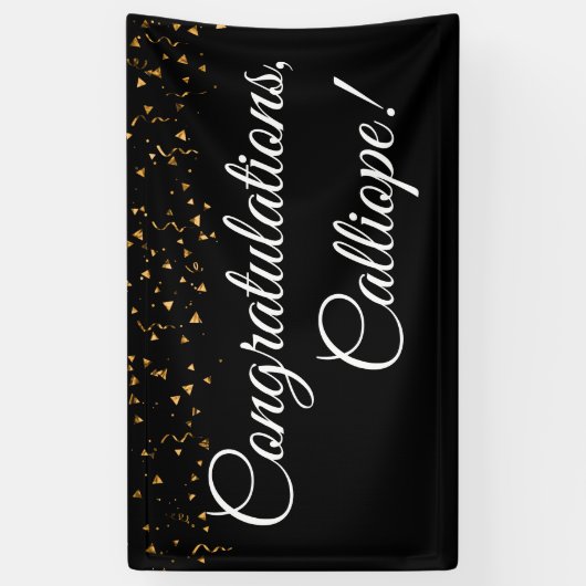 Gouden Faux Confetti Wit op Zwart Gefeliciteerd Spandoek (Verticaal)