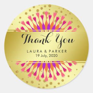 Gouden Faux Folie Glitter Dank u Bruiloft Bloemen Ronde Sticker