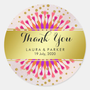 Gouden Faux Folie Glitter Dank u Bruiloft Bloemen Ronde Sticker
