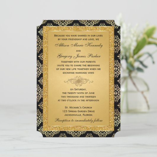 Gouden FAUX Glitter, Damask bruiloft uitnodiging (Staand voorkant)