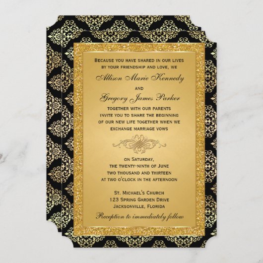 Gouden FAUX Glitter, Damask bruiloft uitnodiging (Voorkant / Achterkant)