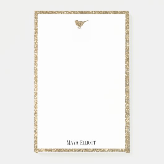 Gouden Faux Glitter Vogel & Rand op Wit Post-it® Notes (Voorkant)
