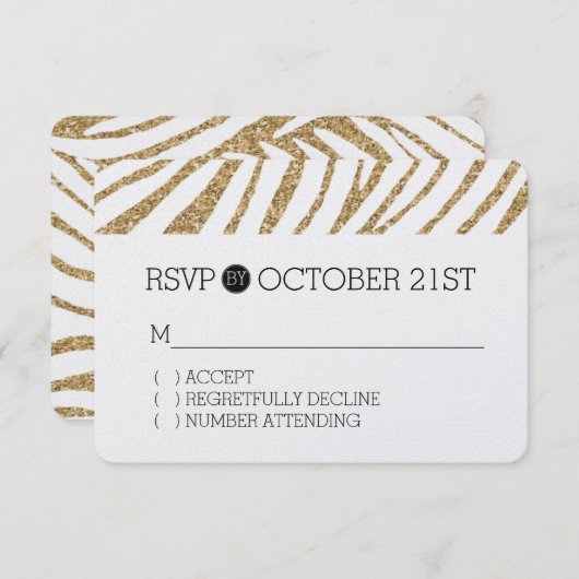 Gouden Faux Glitter Zebra Print RSVP (Voorkant / Achterkant)