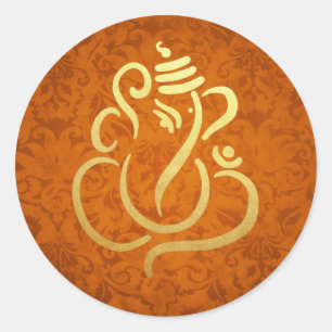 Gouden Festieve Ganesh Indiase God Damast Oranje Ronde Sticker