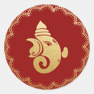 Gouden Festieve Ganesh Indiase God Rode Elegante Ronde Sticker